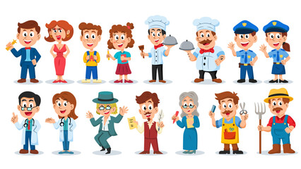 A collection of People cartoon characters in different professions, job occupations, and specializations on a white background.