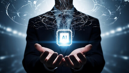 Human hands holding a glowing digital brain representing artificial intelligence and technology