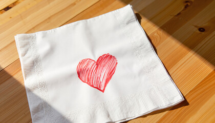 Heart drawn on napkin laid on wooden table. The napkin features a vibrant red heart sketch designed for romantic settings. Ideal for celebrations like Valentine's Day or intimate dinners.