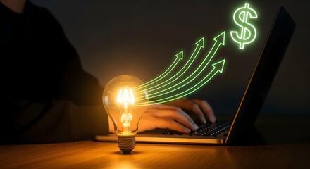 Innovative Idea Generation: Light Bulb Sparks Financial Growth on Laptop