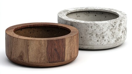 Two circular planters, one crafted from dark wood and the other from grey concrete, presenting a balance of natural materials and industrial design for contemporary spaces