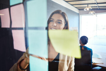 Marketing, sticky notes or woman in office with glass wall, pitch preparation or idea for company...