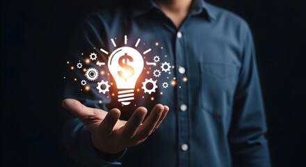 Hand presenting a bright lightbulb with a dollar sign and gears, symbolizing business ideas and profit.