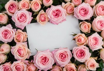 Soft pink roses surround a blank card, creating a romantic atmosphere. Card for birthday, March 8, Mothers Day and Valentines Day. Generative AI