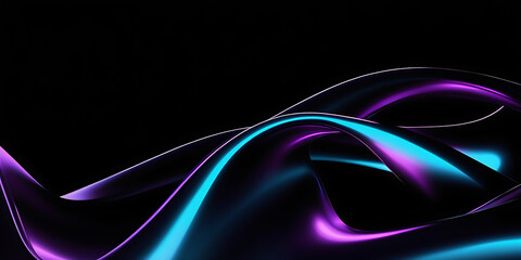 Black dark abstract background. Iridescent fluid glass wave. Smooth curve transition. Rainbow light flare. Bright glow shimmer. Neon metallic futuristic blur texture Holographic liquid shape 3D render