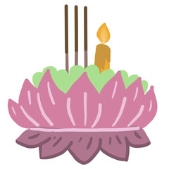 Cute cartoon krathong illustration with lotus petals, candle and incense, representing Loy Krathong festival in Thailand, colorful traditional design isolated on white background