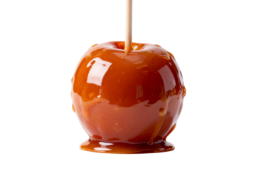 Delicious caramel apple with shiny candy coating on a stick