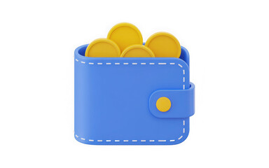 Blue cartoon wallet filled with shiny gold coins 3d rendering. 3d illustration. PNG with transparent background