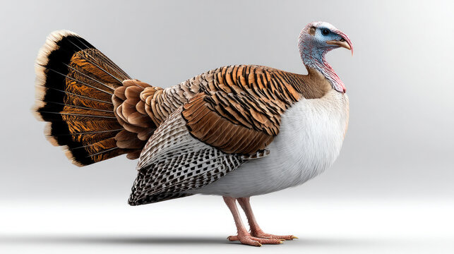 Side view of turkey with brown, white, and black feathers, standing on white background, displaying natural beauty and calmness