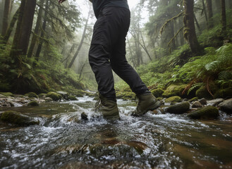 Man in hiking boot crossing river with splashing water in green forest. Adventure travel in nature concept with focus on footwear and outdoor activity.