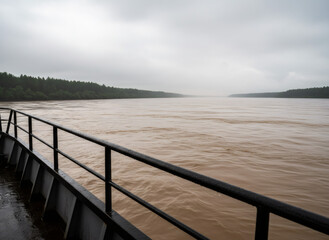 Naklejka premium View from a boat on a wide muddy river with forest on distant banks under a cloudy sky. Travel and nature concept.