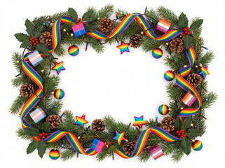 A flat-lay photograph of a Christmas wreath border made of pine and holly, decorated with rainbow-colored ribbon, stars, ornaments, disco balls, gifts, and pinecones.
