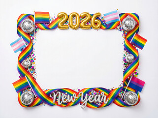 A celebratory New Year 2026 photo frame featuring a colorful rainbow ribbon, disco balls, metallic 2026 balloons, and various LGBTQ+ flags (Rainbow, Trans, Bi).