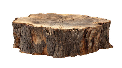 Tree stump displaying natural wood texture, annual growth rings, and cracked surface, ideal for rustic product display or nature themed design with a transparent background