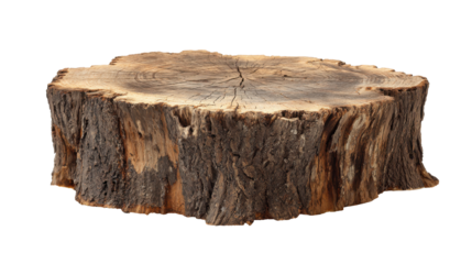Tree stump displaying natural wood texture, annual growth rings, and cracked surface, ideal for rustic product display or nature themed design with a transparent background
