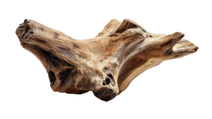 Gnarly wood root with an irregular shape and eroded texture, creating an aged and natural aesthetic, ideal for rustic themed designs with a transparent background