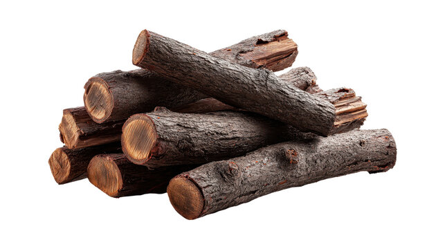 Stacked firewood logs showing rough bark texture and cut ends, presenting organic energy source for heating or campfires with transparent background