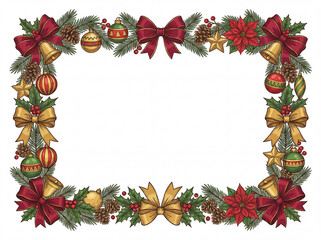 An ornate, hand-drawn Christmas frame border featuring traditional elements like pine branches, red bows, gold bells, pinecones, red holly berries, and poinsettia flowers.