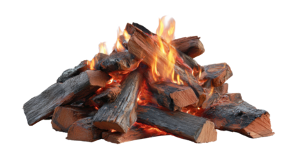 Bonfire with burning logs glowing brightly, radiating warmth and light, creating a cozy and inviting outdoor atmosphere, isolated on transparent background