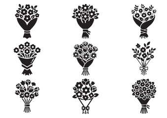 Set of Flower bouquet icon, Flower bouquet Black silhouette vector