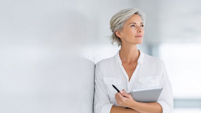 Thoughtful woman with short gray hair, wearing a white blouse, stands against a wall, holding a tablet and pen, reflecting on ideas in a bright, modern office environment - Powered by Adobe