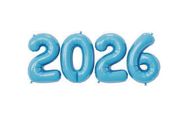 Metallic blue 2026 numbers rendered in cheerful balloon style. 3d illustration. PNG with transparent background