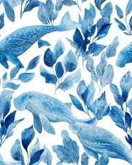 Watercolor Dugong and Whale Seamless Pattern with Blue Marine Leaves for Ocean-Themed Decor