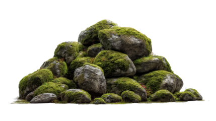 Rocks covered in lush green moss are piled together, forming a natural mound with an isolated transparent background, suitable for ecological and environmental designs