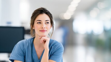 Woman in blue scrubs thoughtfully considering ideas while sitting in a bright, modern healthcare environment, showcasing contemplation and professionalism in a medical setting