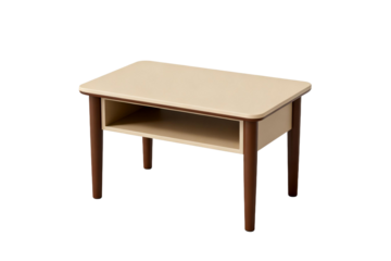 A simple rectangular table with a beige top and wooden legs