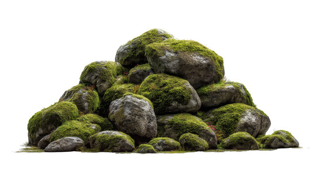 Rocks covered in lush green moss are piled together, forming a natural mound with an isolated transparent background, suitable for ecological and environmental designs