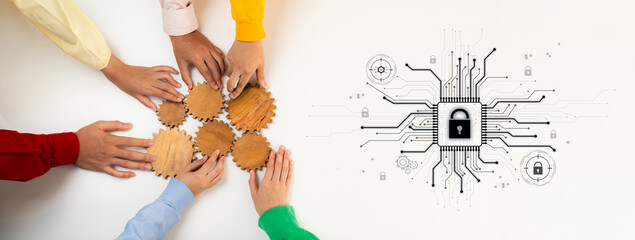 A dynamic scene showcasing hands collaborating over wooden gears, symbolizing teamwork, innovation, and security in technology with digital elements and a lock icon. Trope