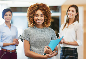 Portrait, staff or businesswoman with folder in creative agency, professional or confident in startup. Opportunity, leadership or project manager with pride for brand development, people or smile