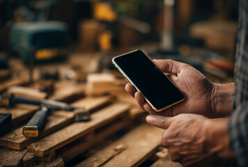 A craftsman's hands holding a modern smartphone with a sleek design, slim profile, metallic edges, and a black screen in a woodworking workshop with tools and wooden surfaces