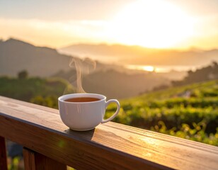 Sunrise tea on a wooden balcony overlooking a lush landscape