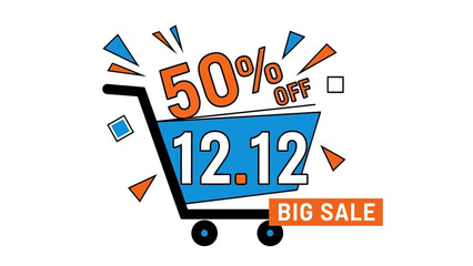 Vibrant graphic illustration of a shopping cart with '50% OFF' and '12.12 BIG SALE' text, symbolizing a major online shopping event.