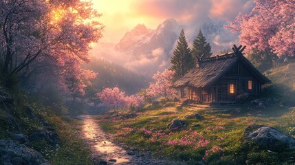 Mountain chalet bathed in golden sunset light, surrounded by cherry blossoms