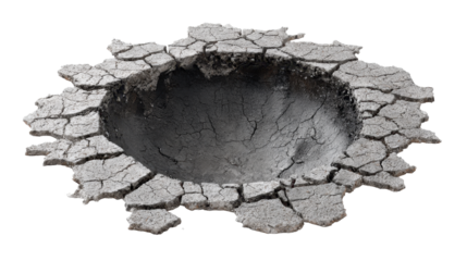 Impact crater creating shattered ground and cracks showing destruction, damage, and danger, isolated with a transparent background