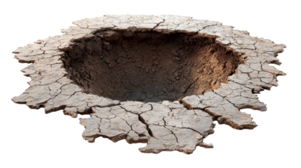 Cracked dry earth sinkhole showing environmental drought and global warming impact, a crumbling ground pit representing devastation and disaster, transparent background