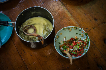 Ha, Bhutan - 26 September 2025: View of two bowls, one filled with a creamy, pale green stew and the other a vibrant mix of chopped red tomatoes, green herbs and dark sauce, resting on a wooden table.