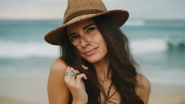Woman laughing on the beach wearing a straw hat and jewelry