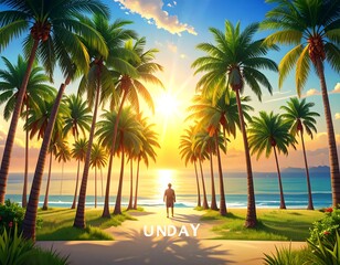 Tropical beach pathway at sunset