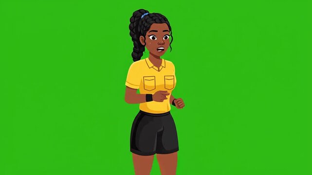 Dynamic cartoon soccer referee woman in an active pose, ready to make a call as a sports official on the field