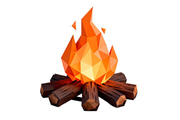 Low poly style campfire with burning flames and wooden logs
