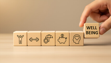 Wellness and Well-Being Icons: Wooden Block Sequence for Health, Mindfulness, and Personal Care

