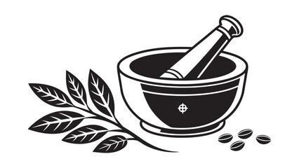 Herbalist mortar and pestle with leaves and coffee beans for natural remedies and preparation
