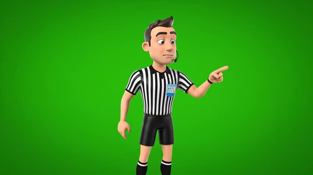 Cartoon soccer referee in uniform, pointing to the side on a green screen background