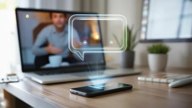 Futuristic ai chat companion on smartphone offers daily hologram assistance for professional video conference, enhancing business communication on modern laptop
