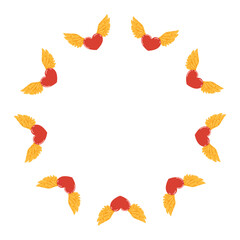 Hearts with wings circle frame. Composition of red hearts and golden wings for Valentine's Day. Vector illustration for cards, posters, invitations, packaging, holiday decor with blank space for text