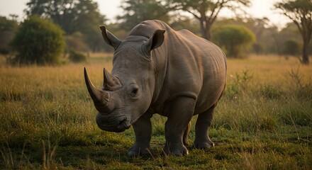 Obraz premium Majestic White Rhinoceros Standing Tall in African Savanna at Sunset.